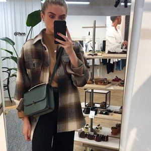 H&M Brown Plaid Oversized Shirt Jacket Shacket